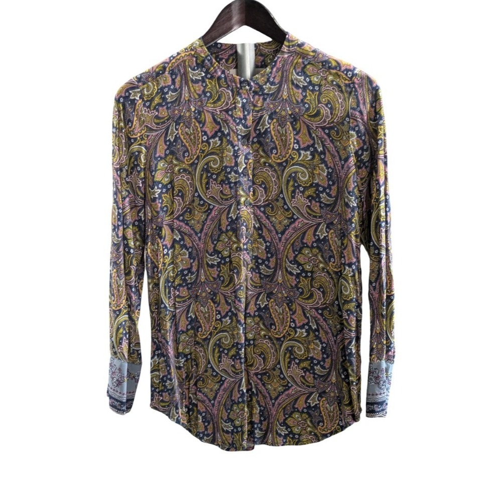 LOFT paisley yellow and blue button-down blouse Size SP Petite Long Sleeve - Picture 2 of 9